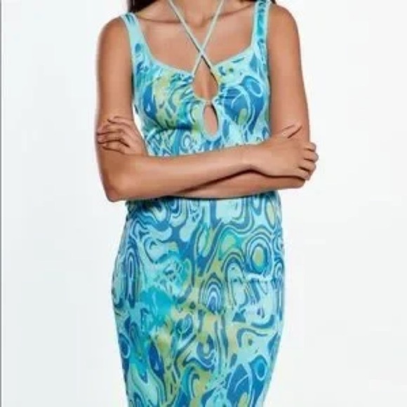 NEW Zara CUT OUT JACQUARD PRINT KNIT DRESS Adjustable Tie Strap SZ M - Picture 2 of 11